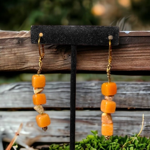 Artisan Brown Jade and Stone Rustic Earrings with French Hooks - Picture 1 of 8